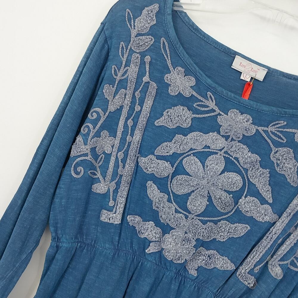 Luv 2 Luv Blue Embroidered Kurti Dress Women Large Long Sleeve Boho Cotton Blend - Picture 3 of 10